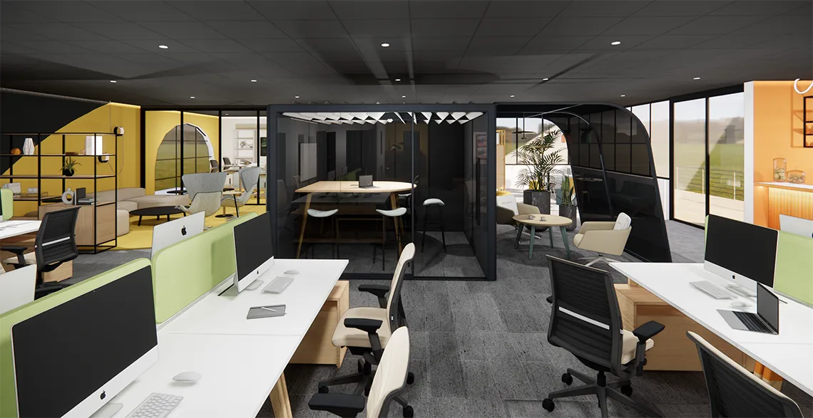 Plateau de bureaux contemporain à Romillé, open space lumineux