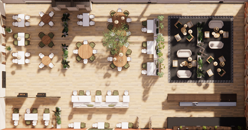 Aménagement d'un restaurant vu du dessus avec mobilier à Saint-Grégoire