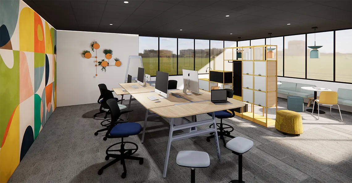 Visualisation 3D de bureaux design, espace de travail contemporain